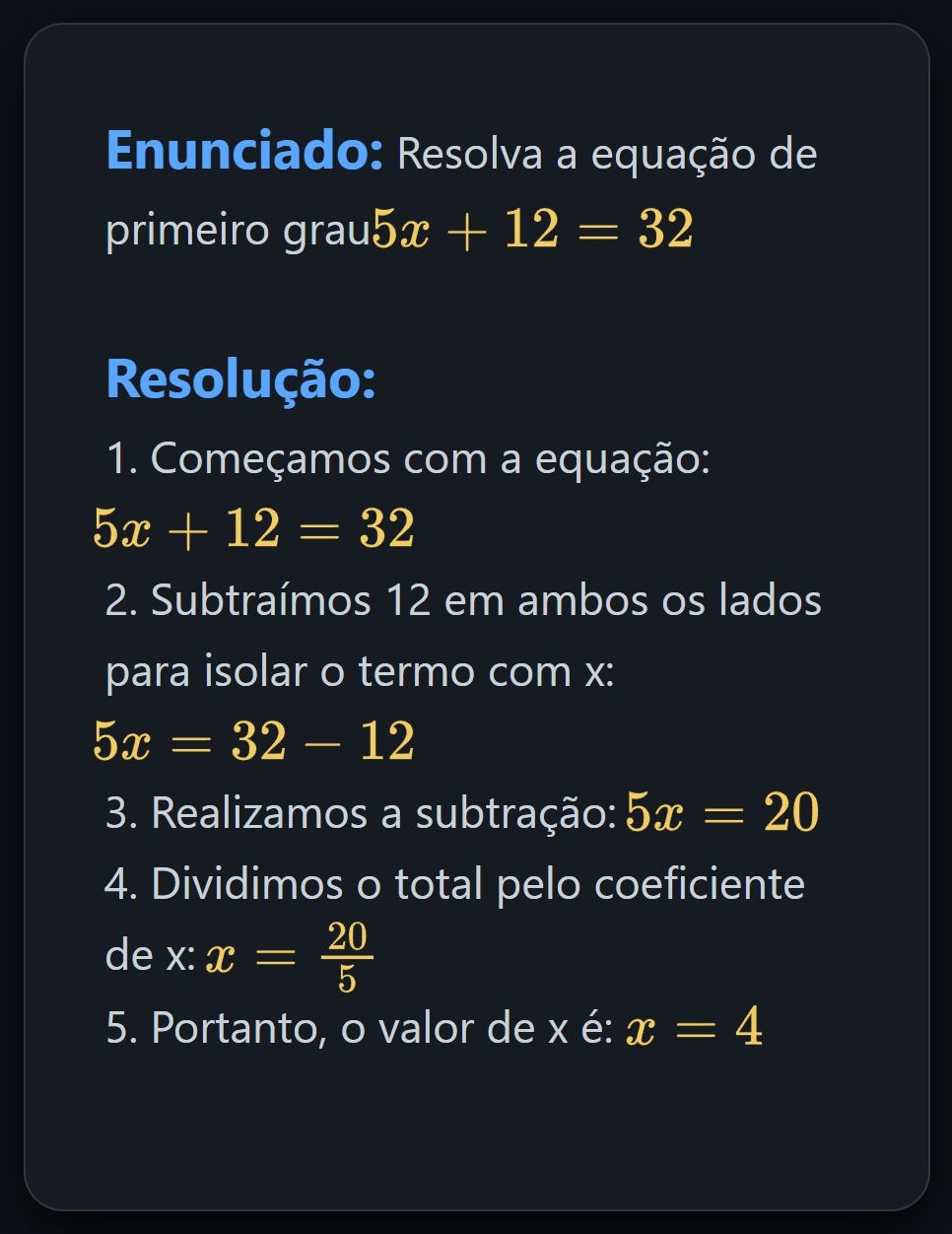 Carta do baralho mostrando um enunciado de equação do primeiro grau e sua resolução passo a passo.